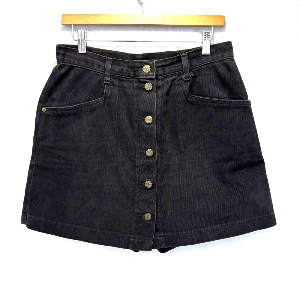 Vintage Rivington Denim Skort Womens 12 Black‎ Button Front High Rise Shorts USA